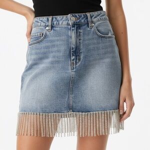 BLANKNYC Rhinestone Crystal Fringe Denim Mini Skirt 32